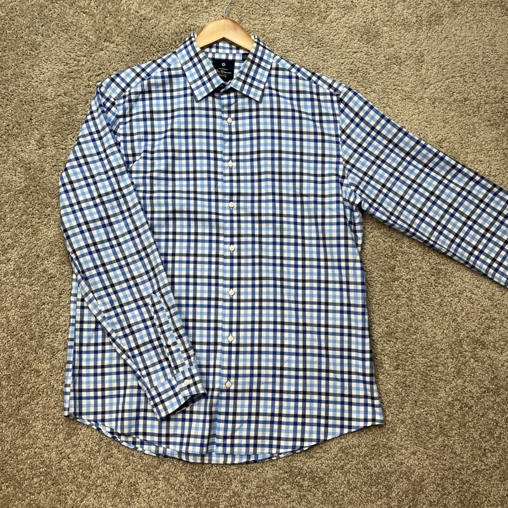 Ben Sherman Button Down Shirt Mens Large Blue White Plaid Stretch Short Sleeve